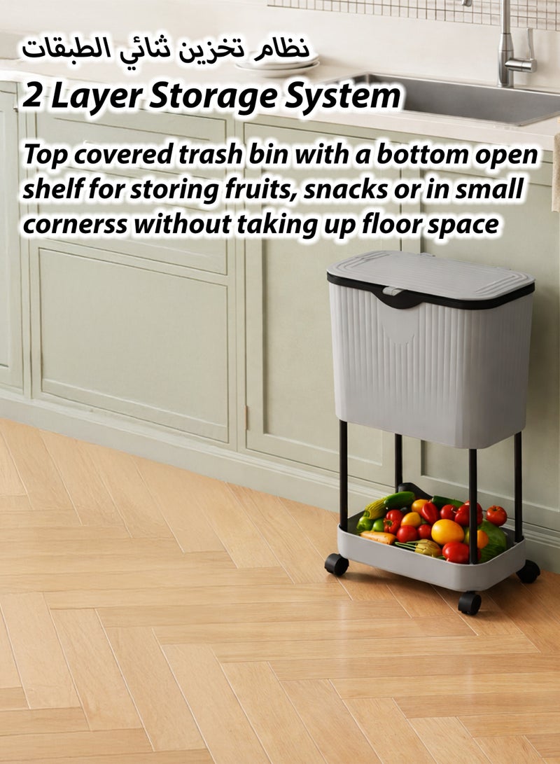 Toshionics 2-Layer Slim Kitchen Trash Can with Storage Shelf & Wheels | Covered Garbage Bin Organizer with Sliding Lid | Narrow Wastebasket for Bathroom, Bedroom, Living Room & Office - Image 2